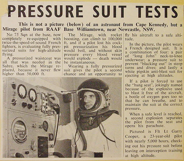 75SQN Mirage pilots tests his high altitude pressure suit before flight....